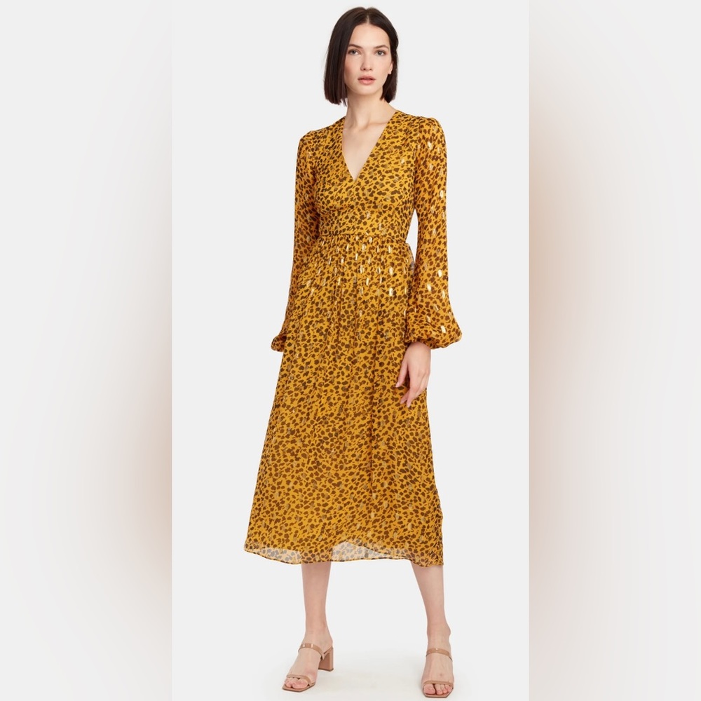 Saloni Camille Silk Chiffon MIDI Dress Gold